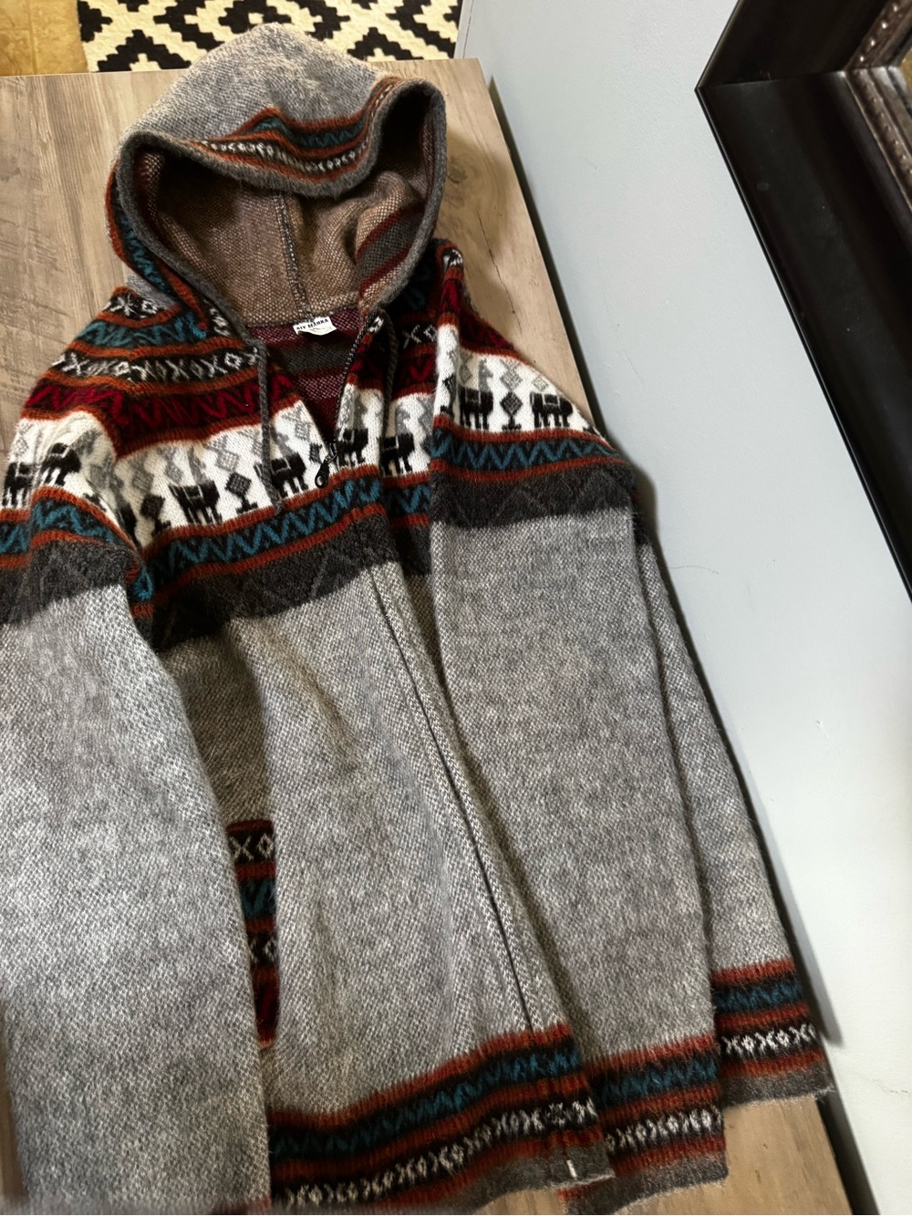 Aly Marka Aztec Light Gray Hooded Zip Sweater with Multicolor Fair Isle Accents - Picture 3 of 6